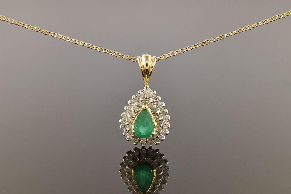 Yellow Gold Emerald Diamond Halo Pendant