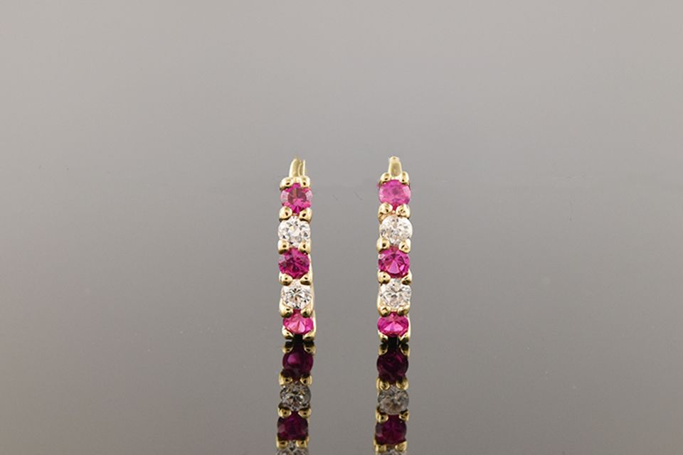 Yellow Gold Red Stone &amp; Cubic Zirconia J-Hoop Earrings