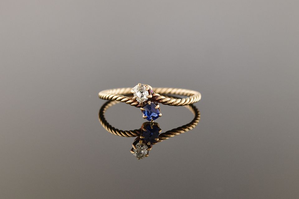 Vintage Yellow Gold Sapphire &amp; Old Cut Diamond Bypass Ring