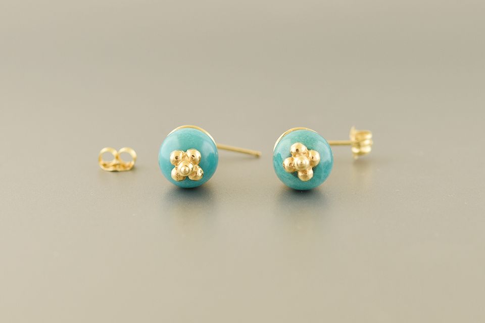 18K Yellow Gold Turquoise Dangle Earrings | Decorative Gold Bead Caps