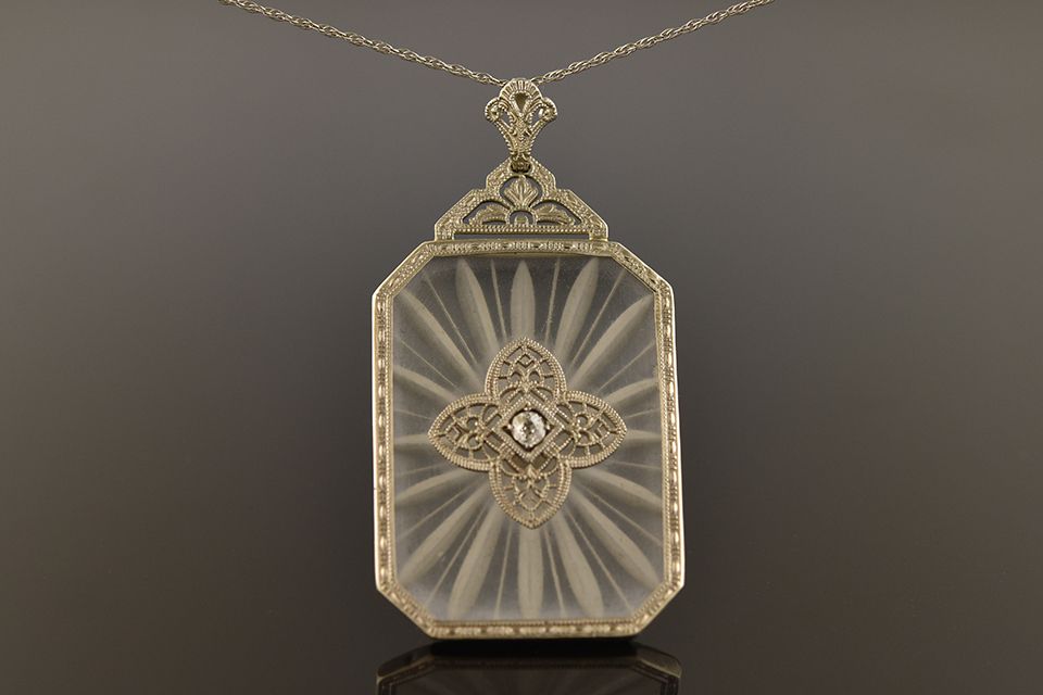 Art Deco Carved Rock Crystal &amp; Diamond Pendant