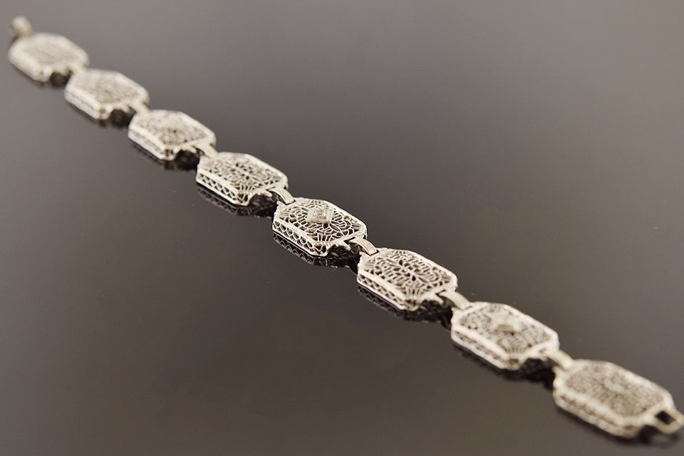 Art Deco 10k White Gold Filigree Bracelet