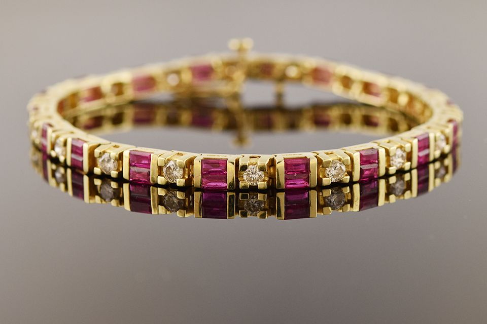 Yellow Gold Ruby &amp; Diamond Line Bracelet