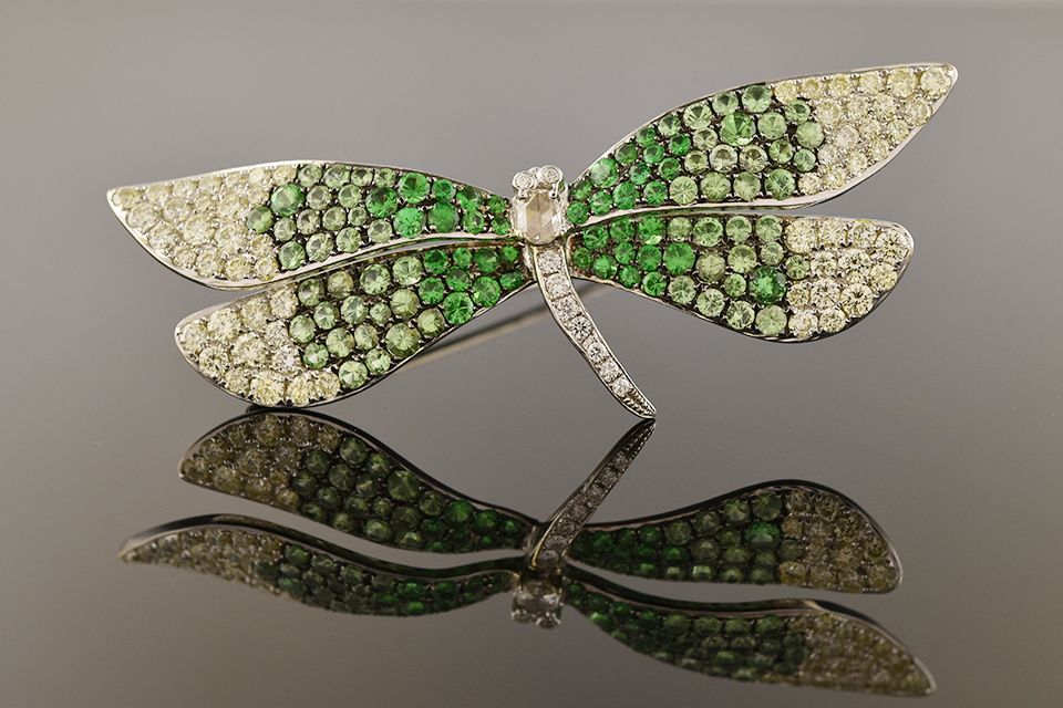 White Gold Tsavorite &amp; Diamond Dragonfly Brooch