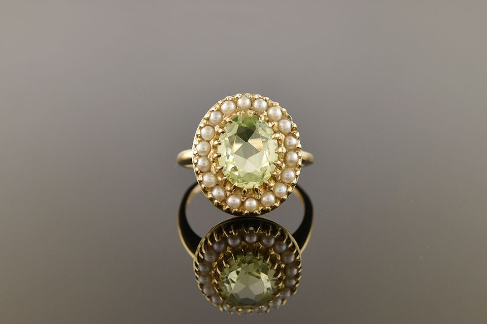Yellow Gold Uranium Glass &amp; Pearl Ring