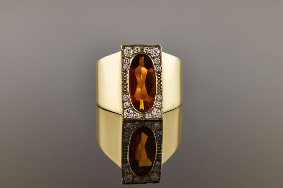 Yellow Gold Citrine &amp; Diamond Picture Frame Ring
