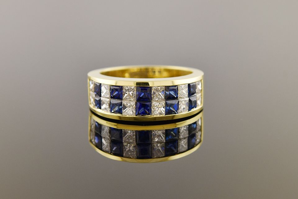Yellow Gold Diamond &amp; Blue Sapphire Band