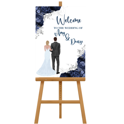 Navy Blue Couple Flower Wedding Welcome Sign