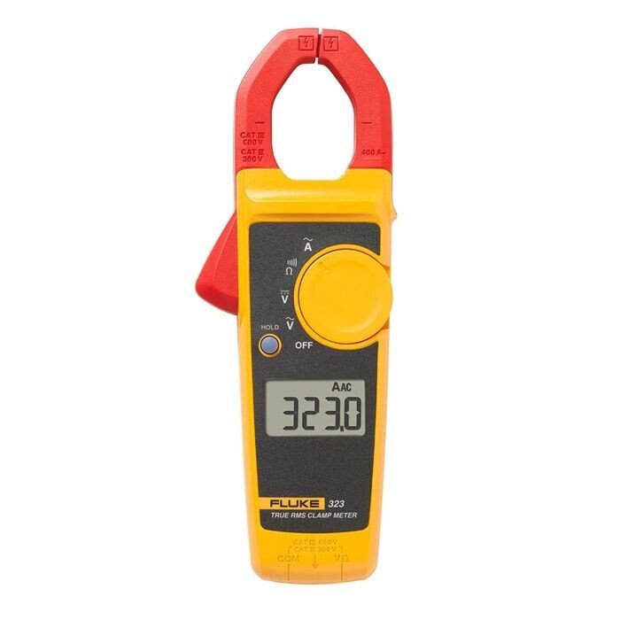 Image of Fluke 323 TRMS Clamp Meter, a handheld electrical testing device with digital display and clamp mechanism for measuring current