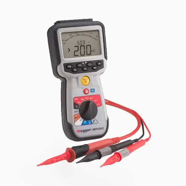 Megger MIT420/2 Insulation Resistance Tester with a rugged, compact design featuring a large digital display, rotary dial, and measurement probes.