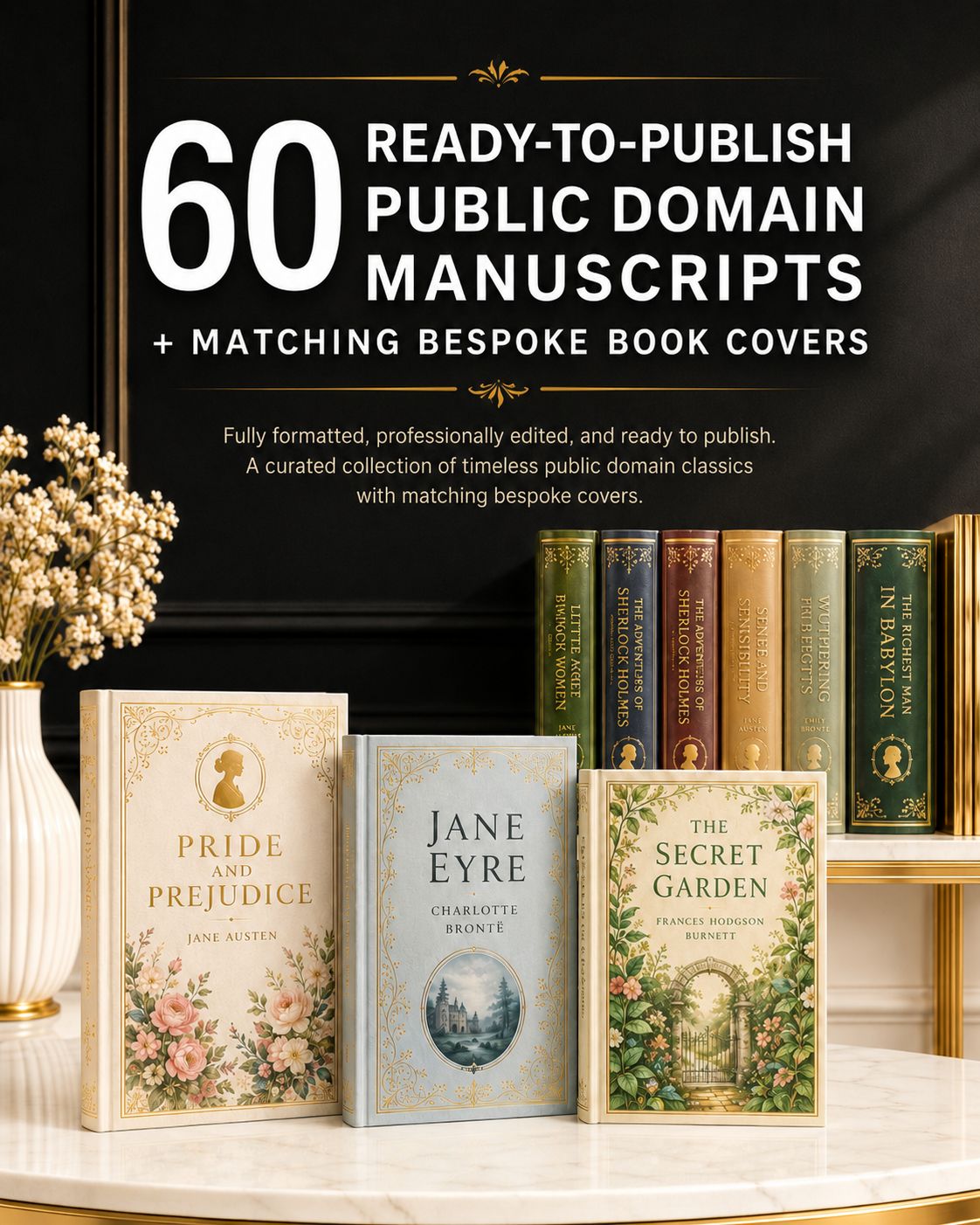 60 Ready-to-Publish Public Domain Manuscripts + Matching Bespoke Book Covers