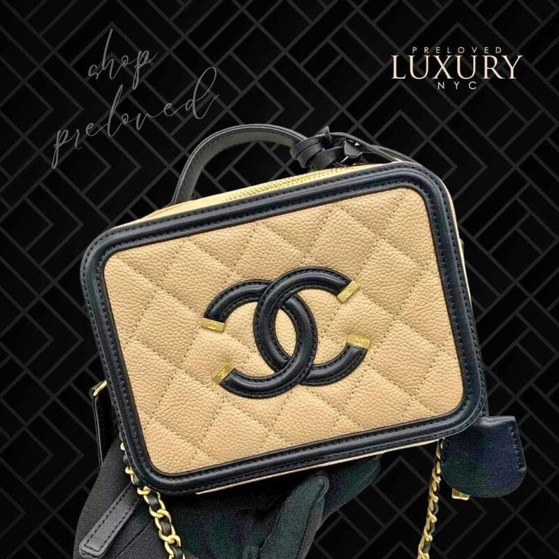 Chanel Quilted Small CC Filigree Vanity Case Beige Black
