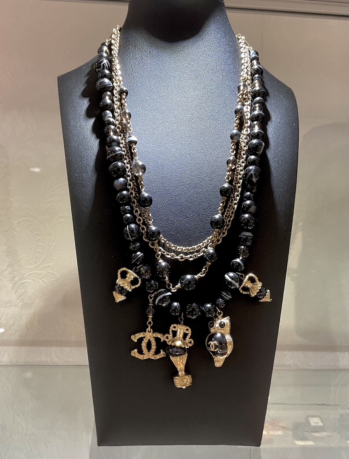CHANEL Multi Strand Beaded Charm Necklace Black and Gold