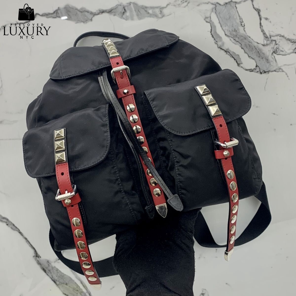 PRADA BLACK NYLON STUDDED BACKPACK Bag