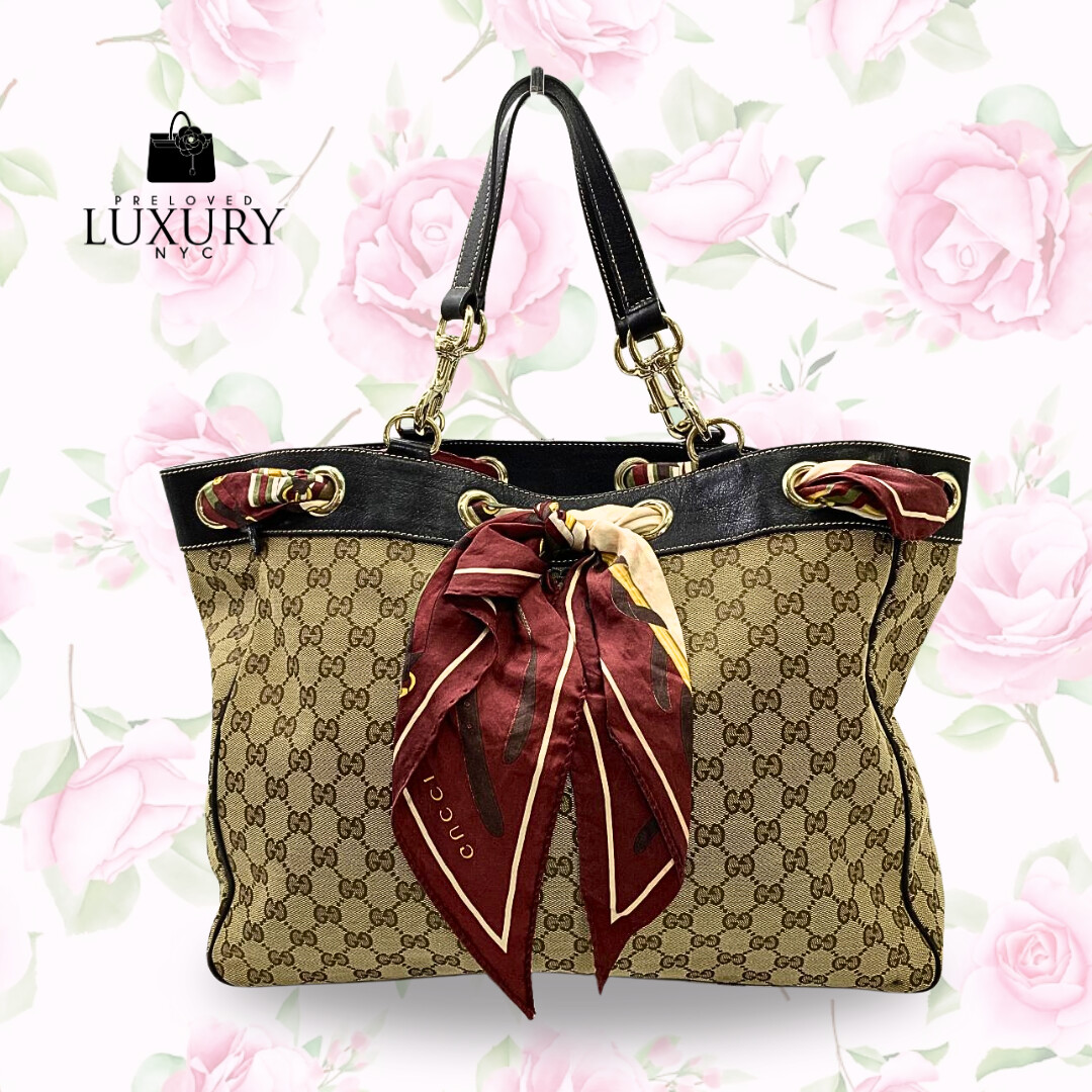 GUCCI Brown Canvas Shoulder Bag with Ribbon