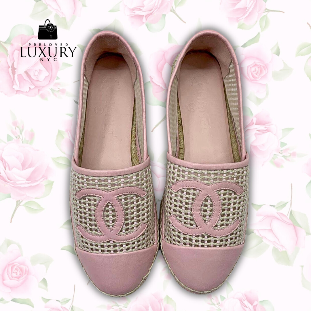 CHANEL Pink Leather Espadrilles Mesh Slip Ons