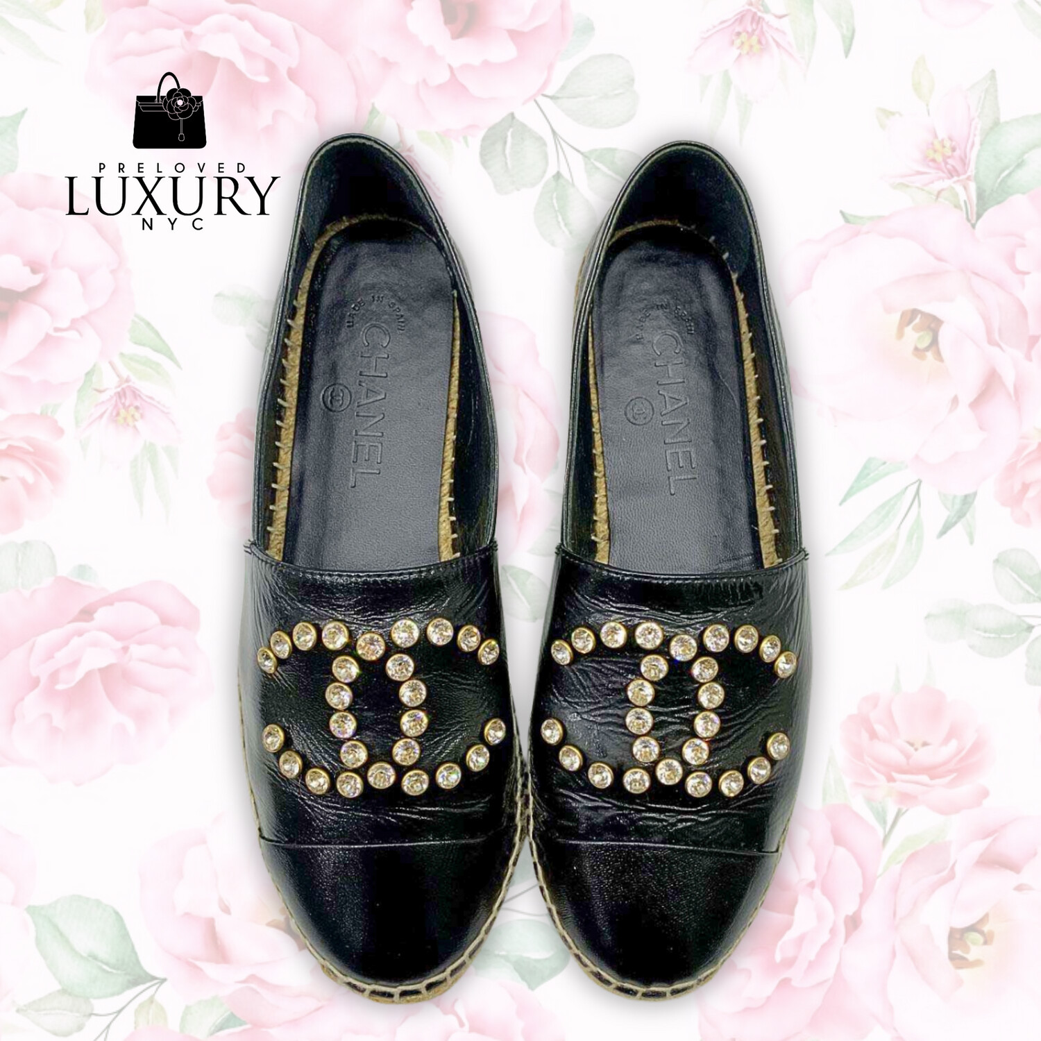 CHANEL Black Espadrilles CC Logo Rhinestones Loafers