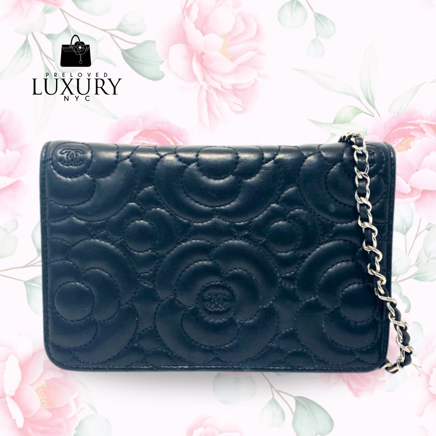 CHANEL Camellia Black Lambskin Silver-tone Metal Chain Wallet