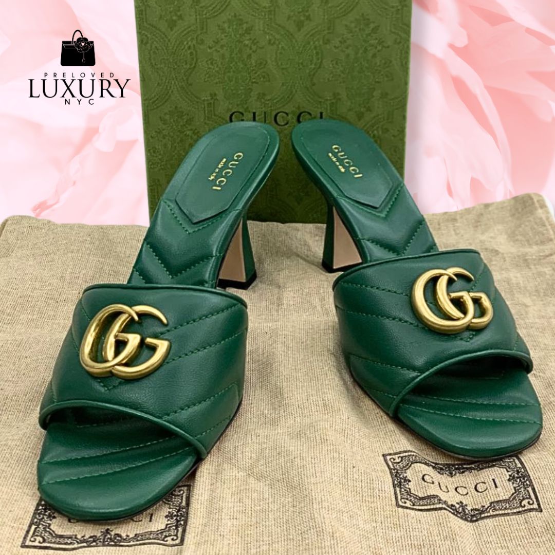 GUCCI Green Double GG Slides Heel Sandals
