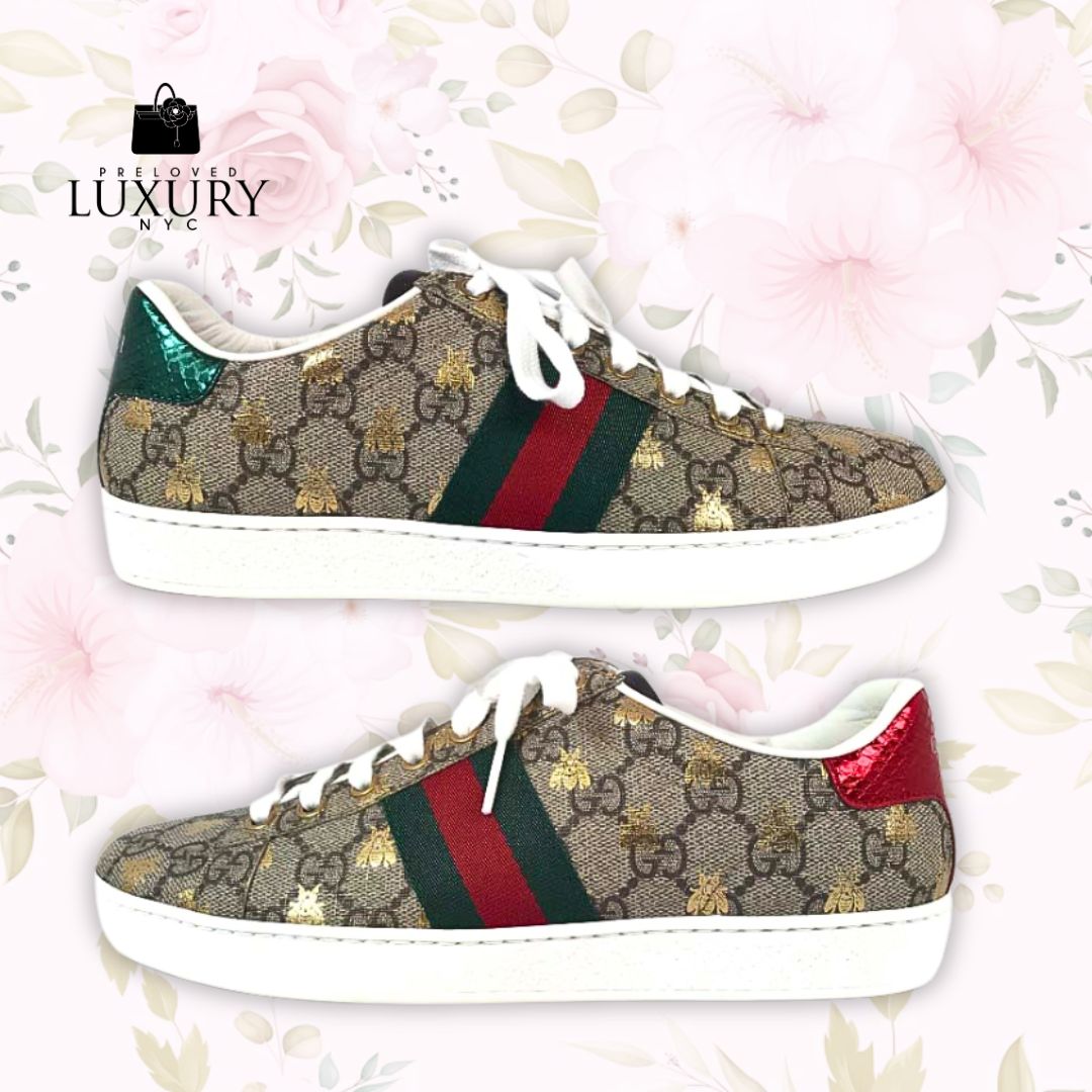 GUCCI Brown Coated Canvas Bee Sneakers