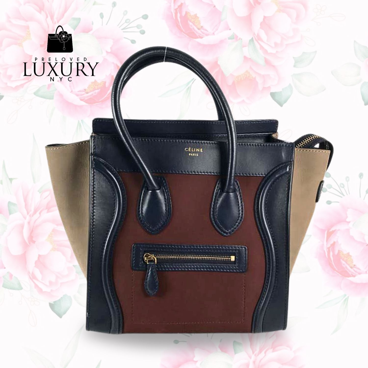 CELINE Navy Brown Beige Calfskin Suede Leather Micro Luggage Handbag