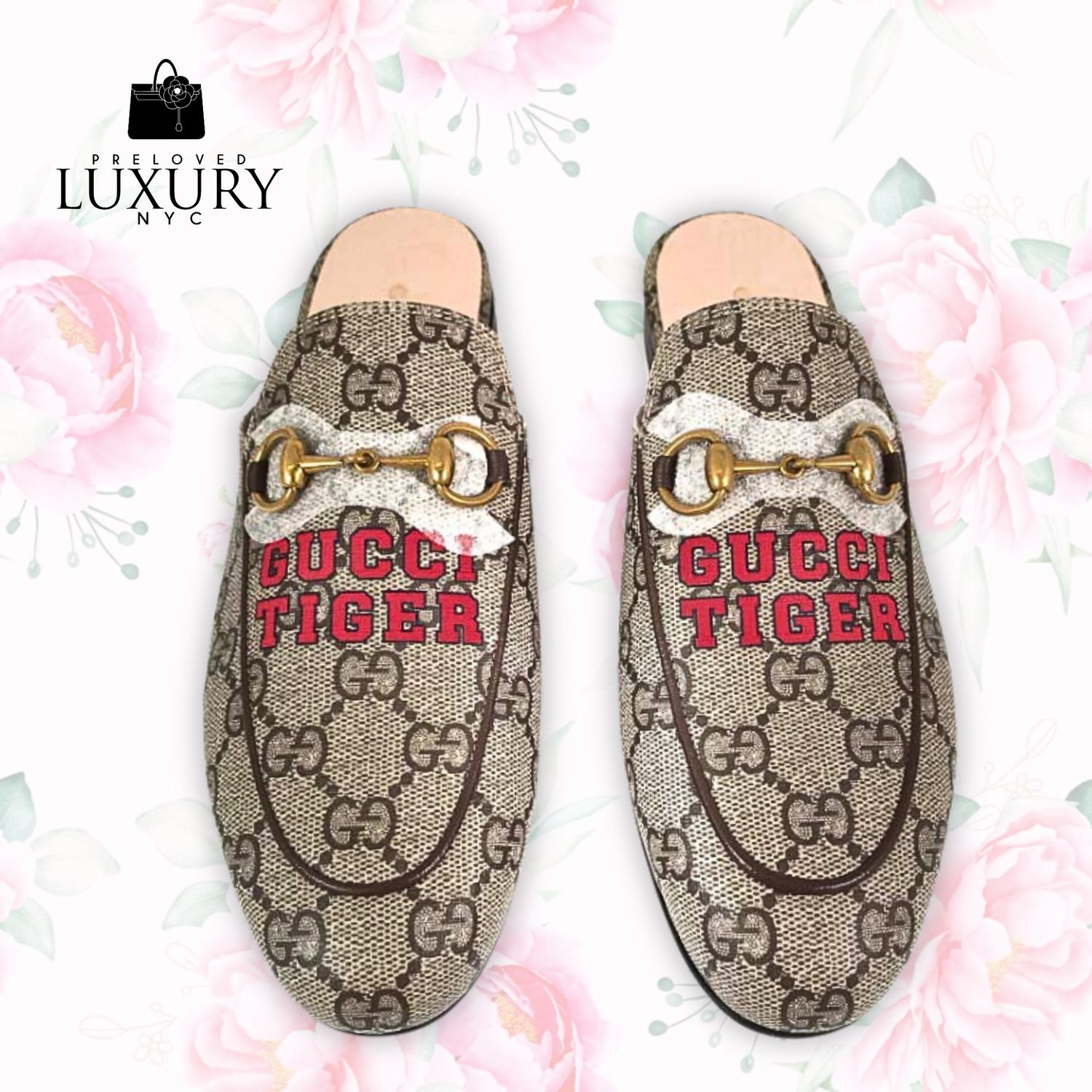 GUCCI Tiger GG Sepreme Coated Canvas Mules