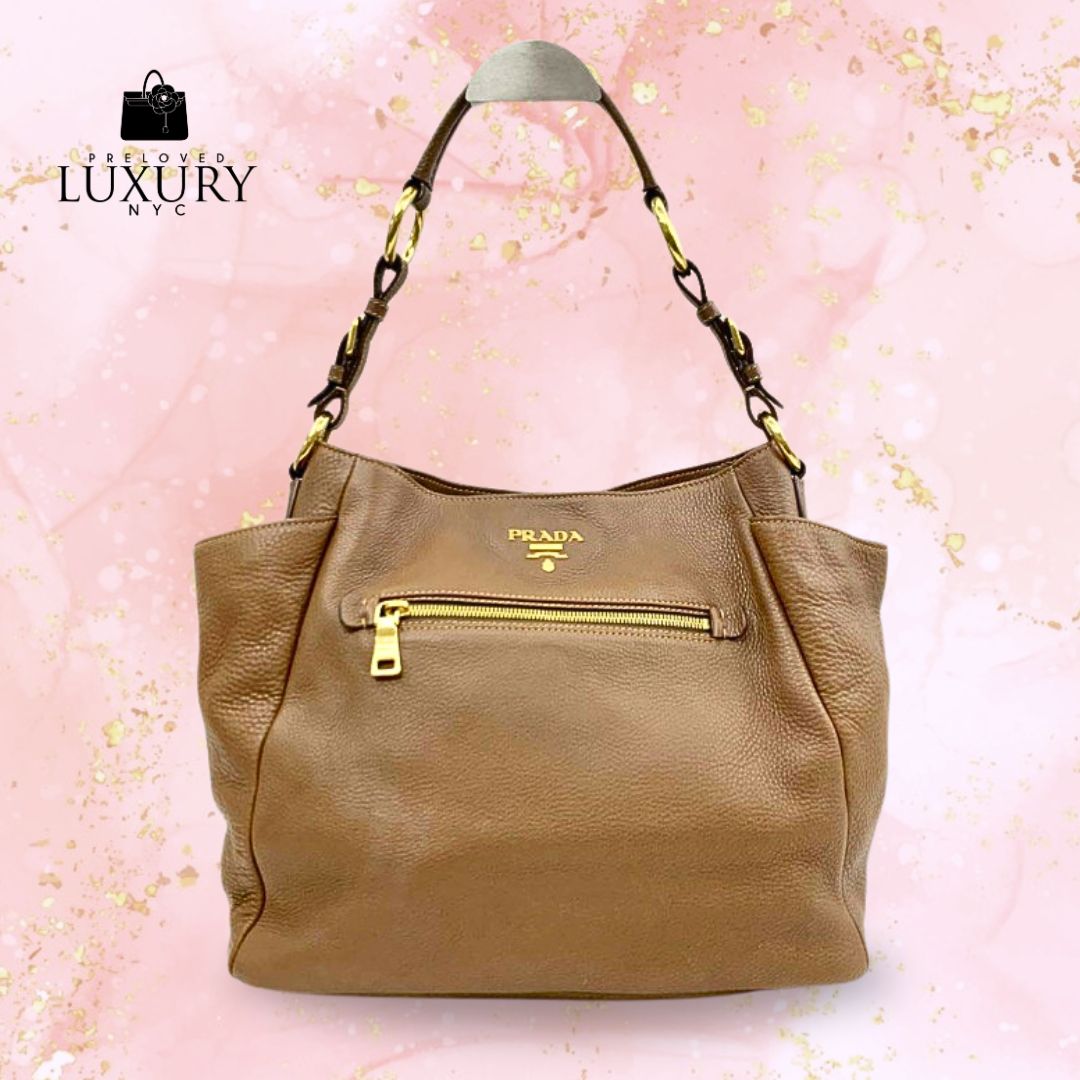 PRADA Brown Leather Hobo Shoulder Bag