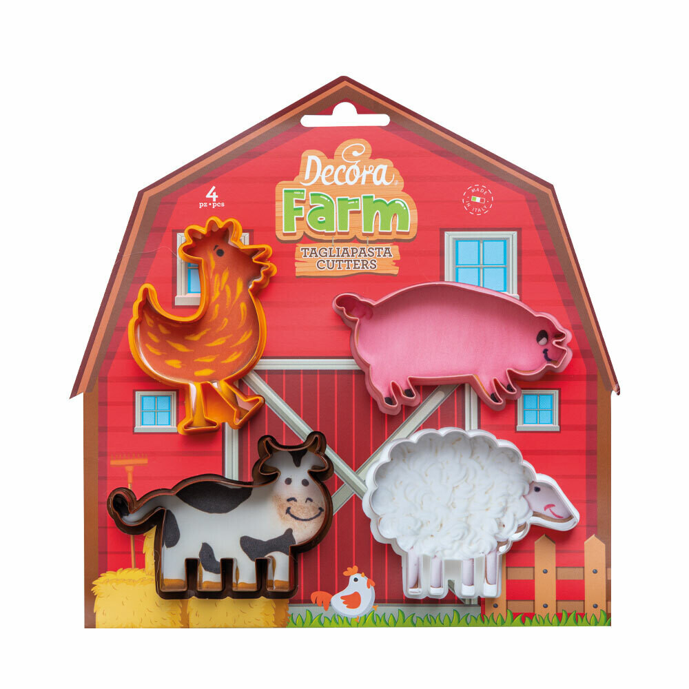 Decora Set 4 Cutters Tagliapasta in Plastica Animali Gallo, Maialino, Pecora e Mucca
