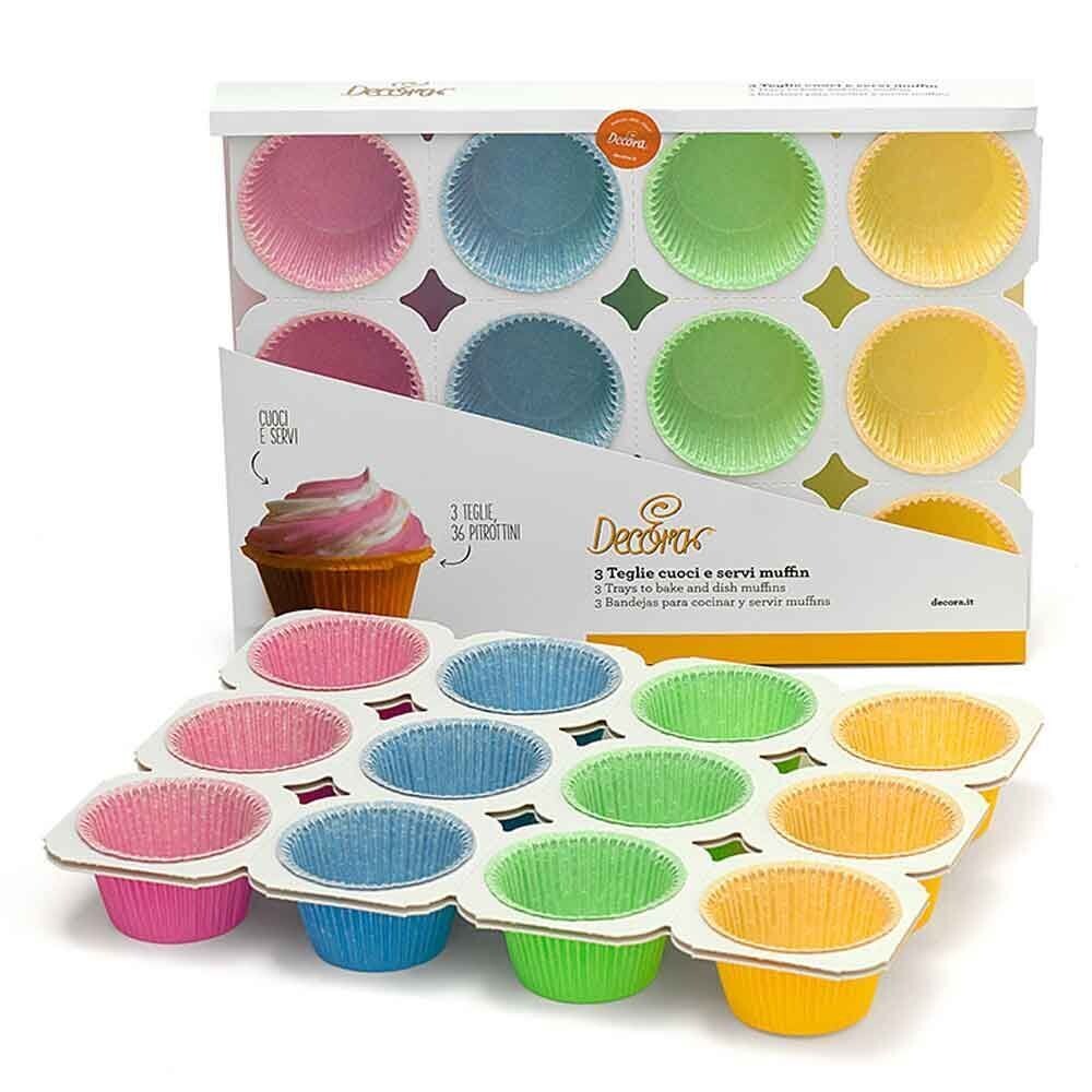 Decora Teglie Cuoci e Servi per 36 Muffin in Carta da Forno Multicolor