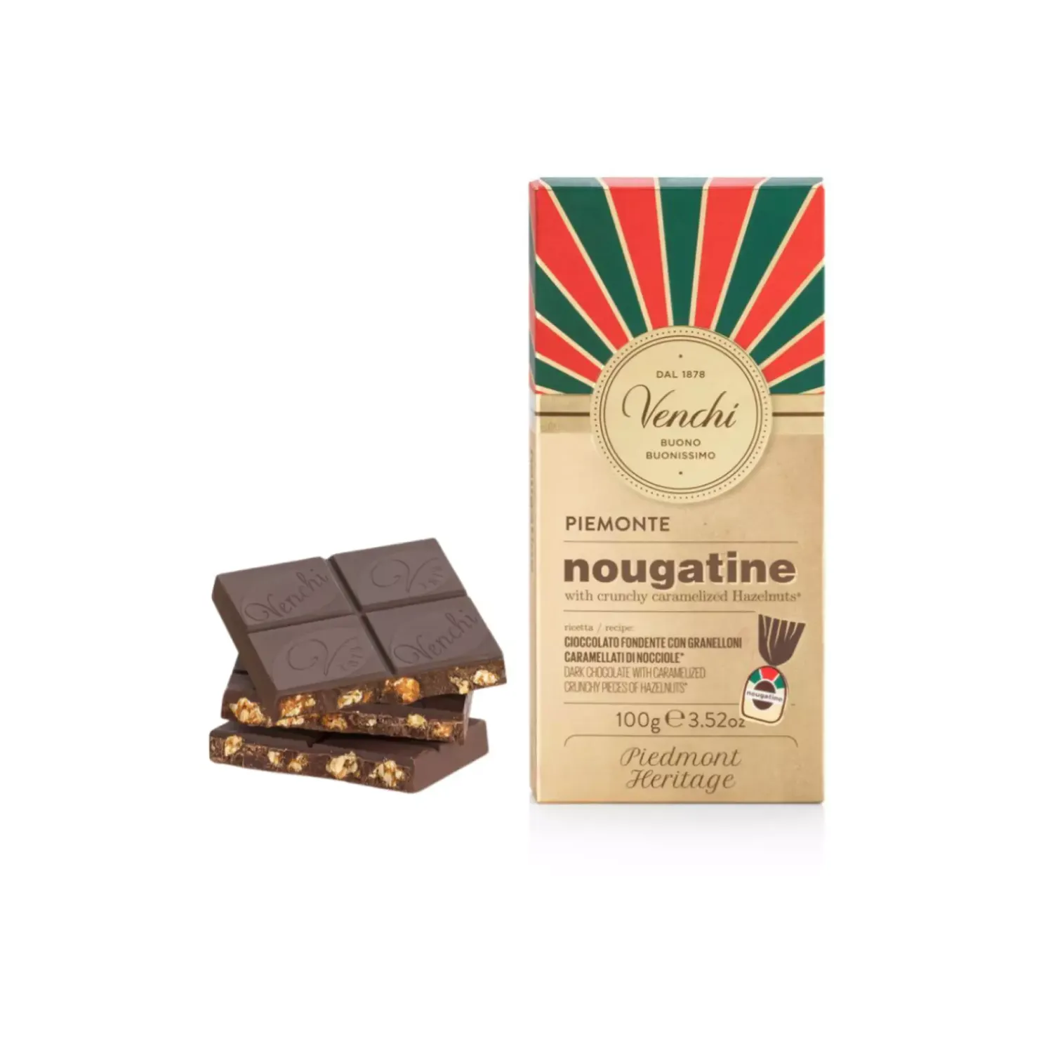 Venchi Piemonte Nougatine Cioccolato Fondente con Granelloni Caramellati di Nocciole 100 g