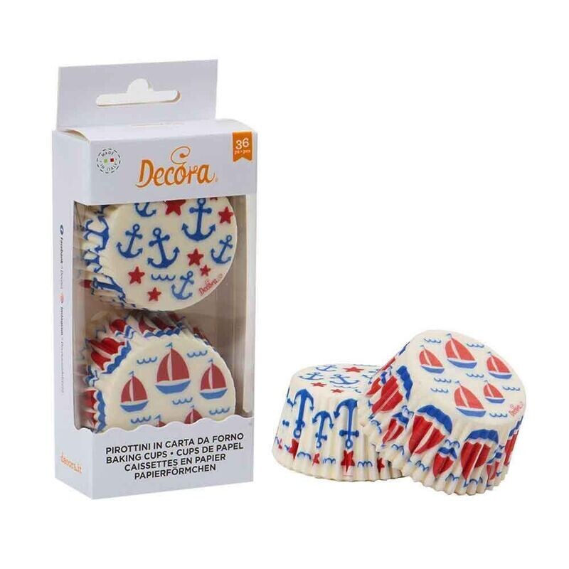 Decora 36 Pirottini in Carta Tema Marino con Barche e Ancore per Cottura Muffin ø5 x h 3,2 cm