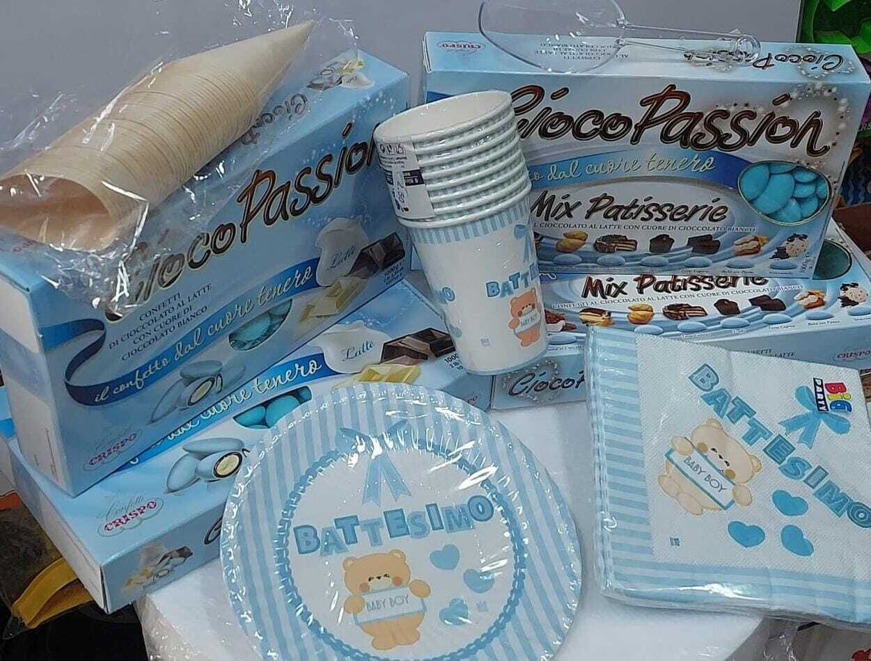 Crispo Confettata Ciocopassion Celeste Battesimo 4 Kg per il tuo Evento! 4 Pacchi a scelta Confetti senza Glutine (Gluten Free) + Palettina + Confezione di Piatti, Bicchieri, Tovaglioli "Oggi Sposi"