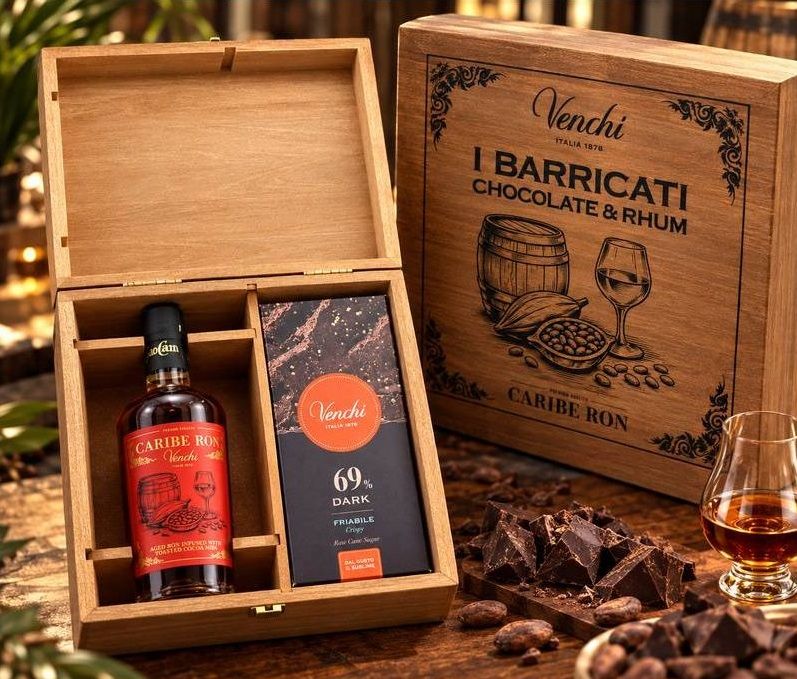 Venchi Confezione Chocolate e Rhum I Barricati con Carribe Ron + 2 Tavolette Cioccolato + Box Legno