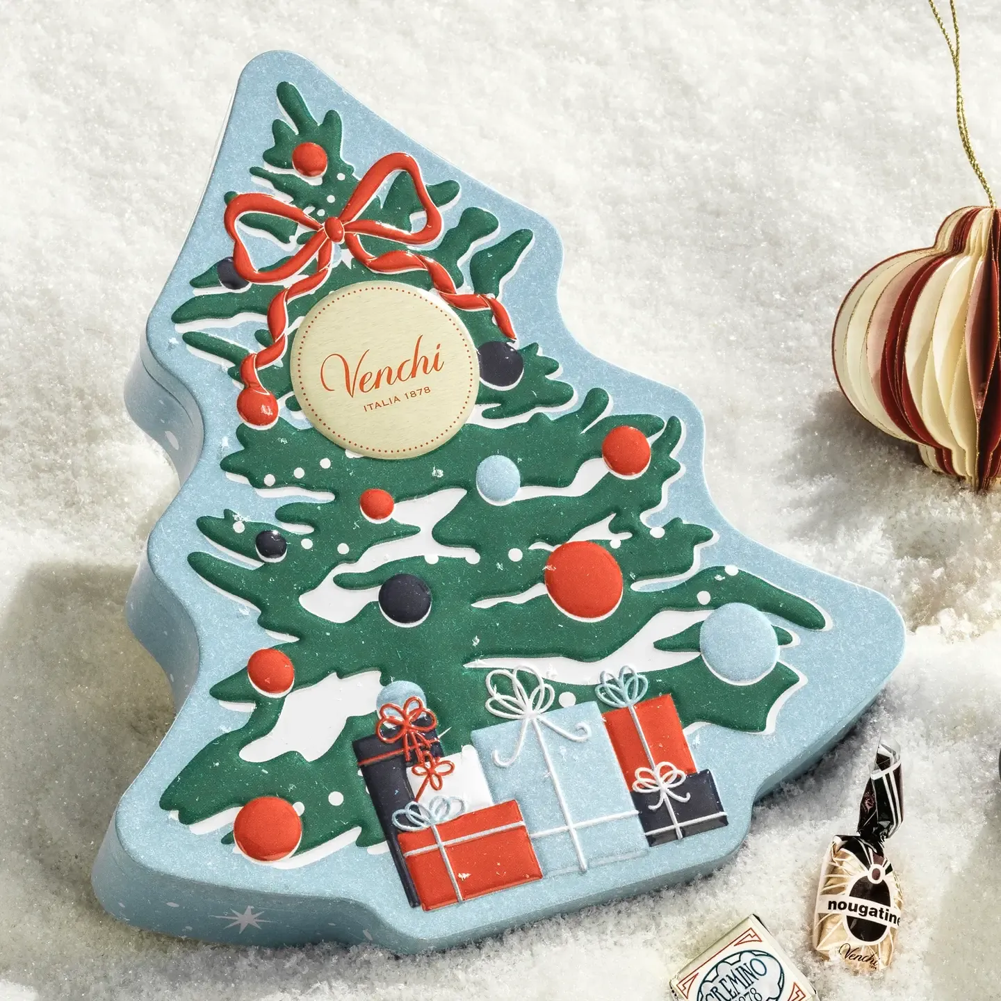 Venchi Scatola Regalo di Cioccolatini Natalizia in Latta a Forma di Albero di Pino 223 gr