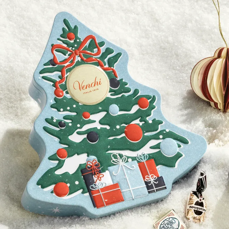 Venchi Scatola Regalo di Cioccolatini Natalizia in Latta a Forma di Albero di Pino 223 gr