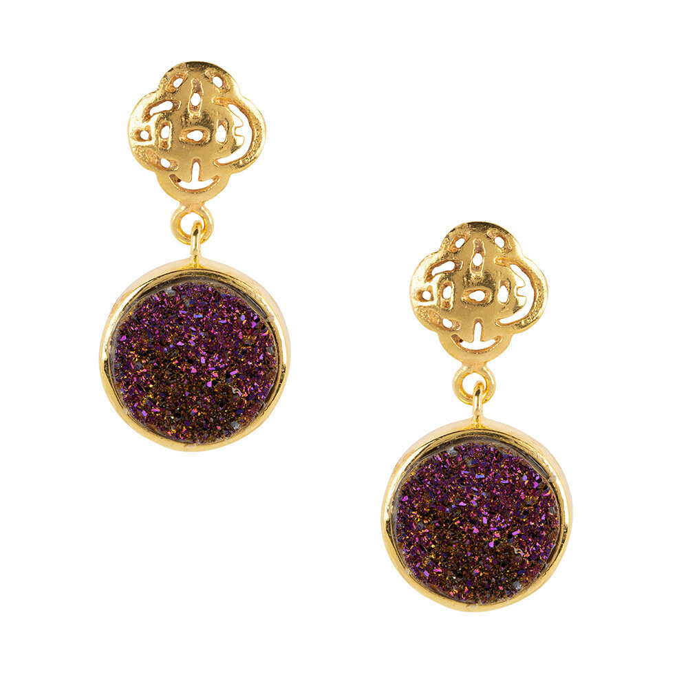 Gouden logo oorbel met paarse druzy