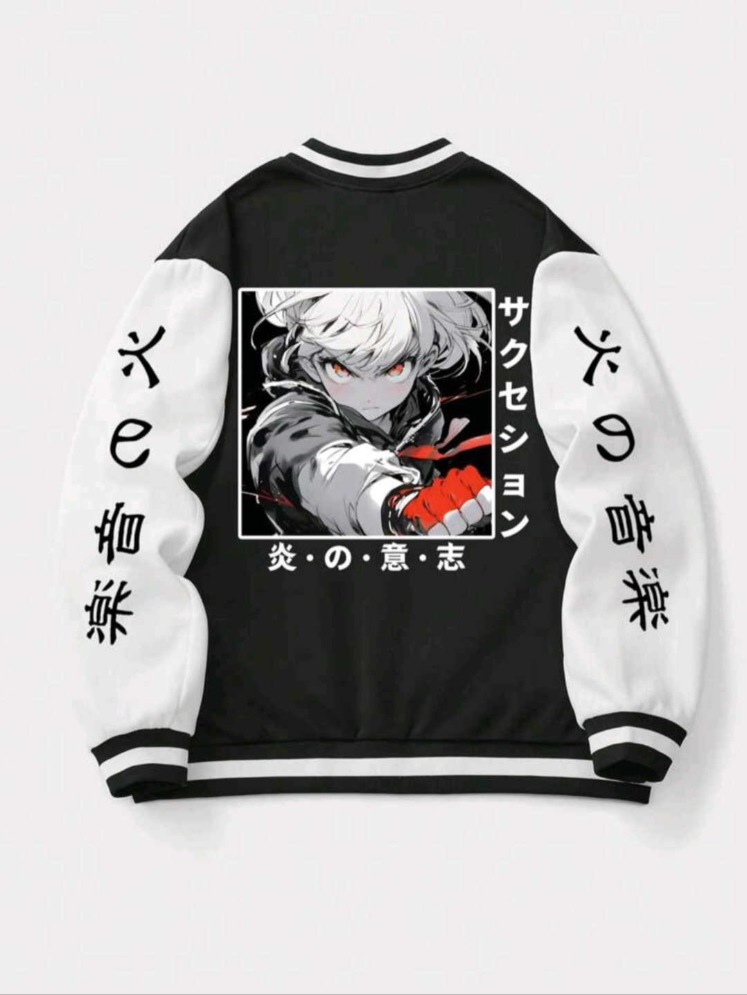 Anime Guys Japanese Letter &amp; Figure Graphic Two Tone Varsity Jacket