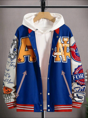 Manfinity EMRG Men Letter Graphic Striped Trim Drop Shoulder Varsity Jacket Without Hoodie