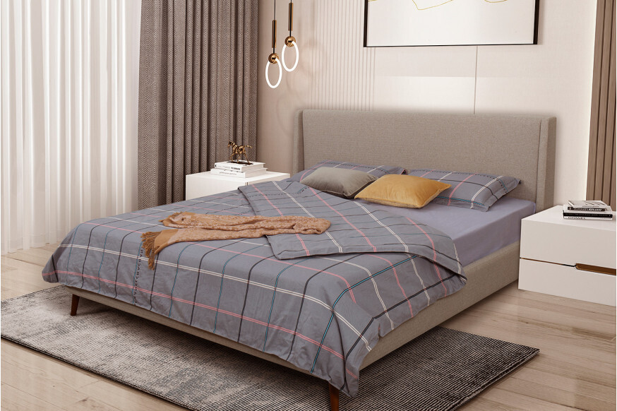 Classic Midcentury Upholstered Bed w/ Headboard, Espresso Stain Legs, Curved Design - [Free Delivery]