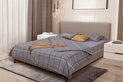 Classic Midcentury Upholstered Bed w/ Headboard, Espresso Stain Legs, Curved Design - [Free Delivery]