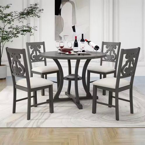 *New* - Round Dining Table w/ Curved Legs and Accent Shelf - Gray