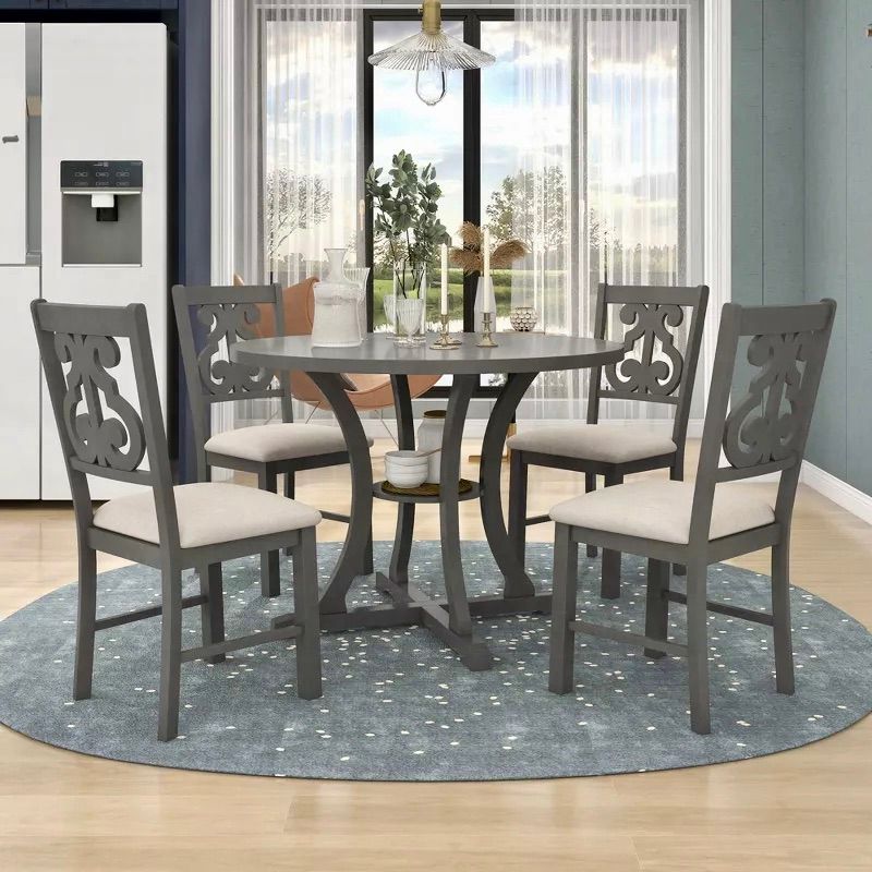 Round Dining Table 42" with Curved Legs and Accent Shelf Gray