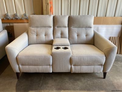 Gilman Creek Alpendale Power Reclining Loveseat with Power Headrests and Entertainment Storage Console – Light Gray
