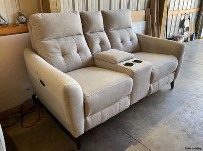 Gilman Creek Alpendale Power Reclining Loveseat with Power Headrests and Entertainment Storage Console – Light Gray