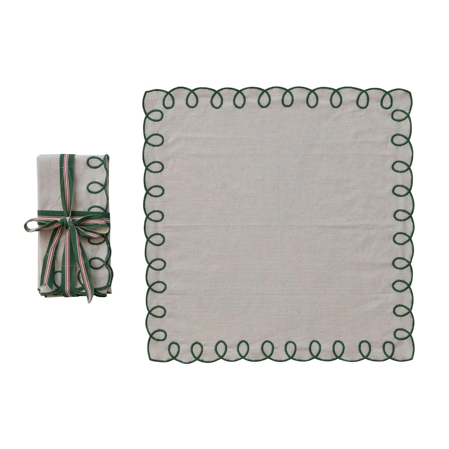 Green Scalloped Edge Embroidered Napkins