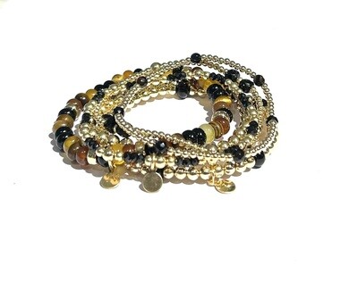 Black Onyx &amp; Tiger Eye Stones Set of 6 Bracelets