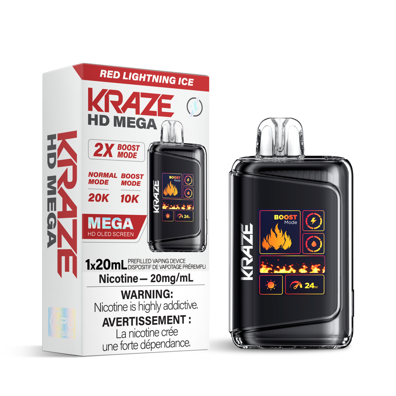 Red Lightning Ice - Kraze HD Mega 20K Disposable, Nicotine: 20mg