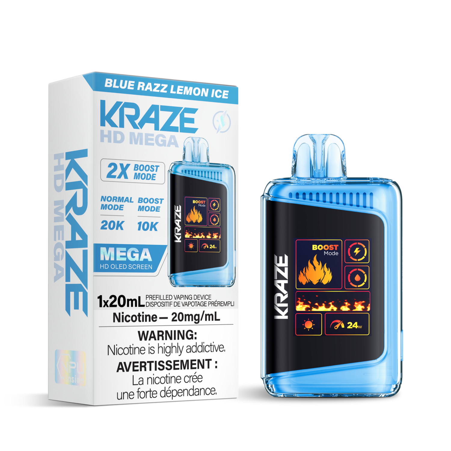Blue Razz Lemon Ice - Kraze HD Mega 20K Disposable, Nicotine: 20mg