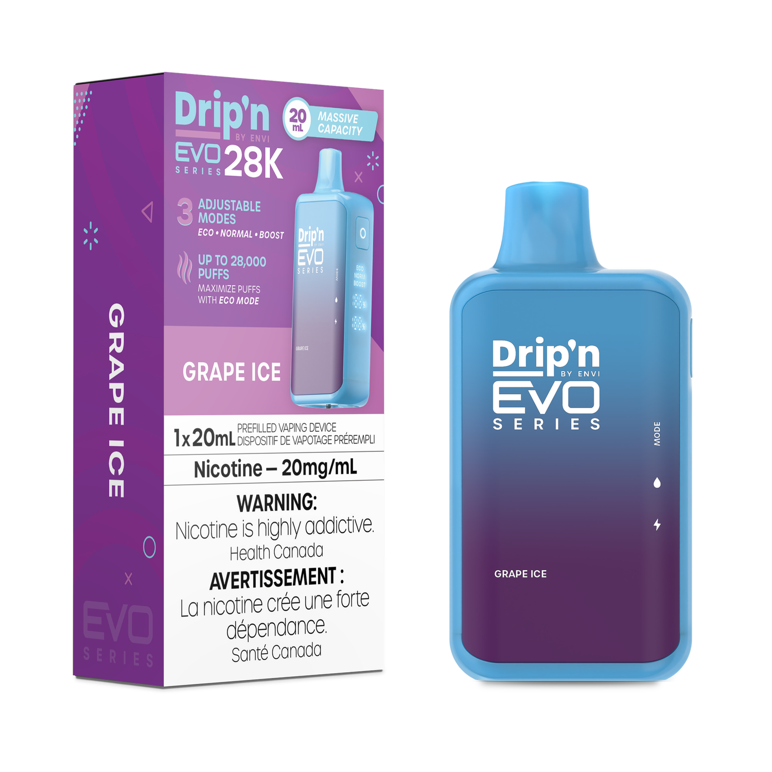Grape Ice - Drip&#39;n by Envi Evo Series 28K Disposable, Nicotine: 20mg