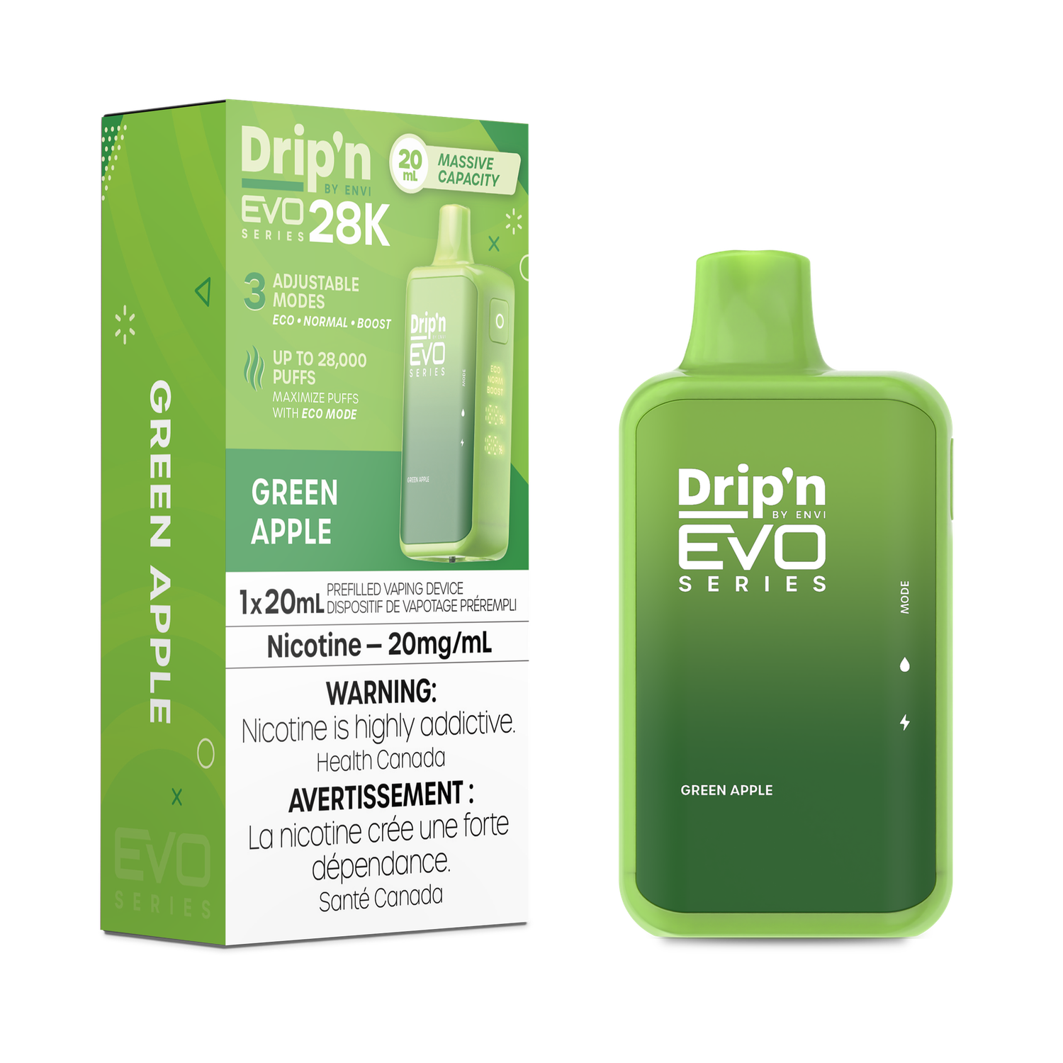 Green Apple - Drip&#39;n by Envi Evo Series 28K Disposable, Nicotine: 20mg